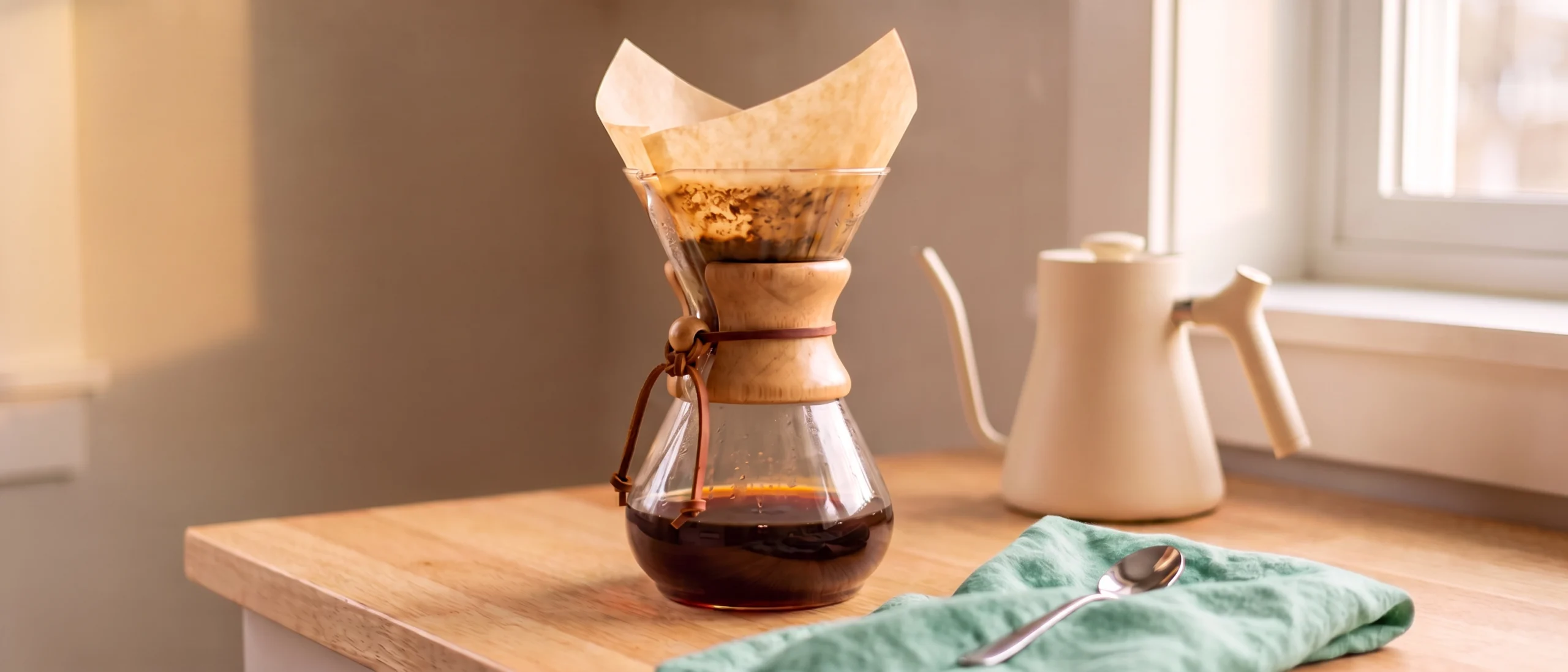 کمکس با فیلتر کاغذی و بستر خیس قهوه کنار کتری گردن‌غازی
