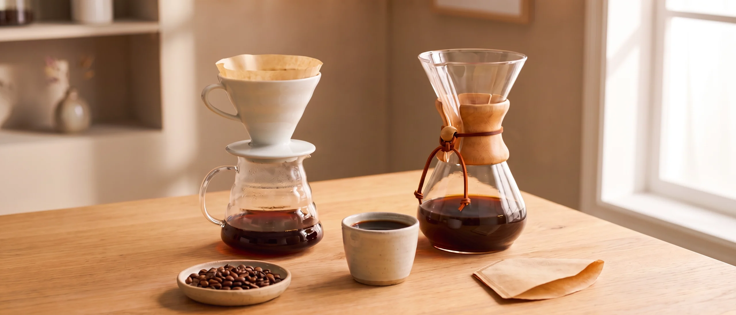 قهوه مناسب V60 و کمکس؛ دو ابزار دم‌آوری کنار فنجان قهوه و دانه‌ها
