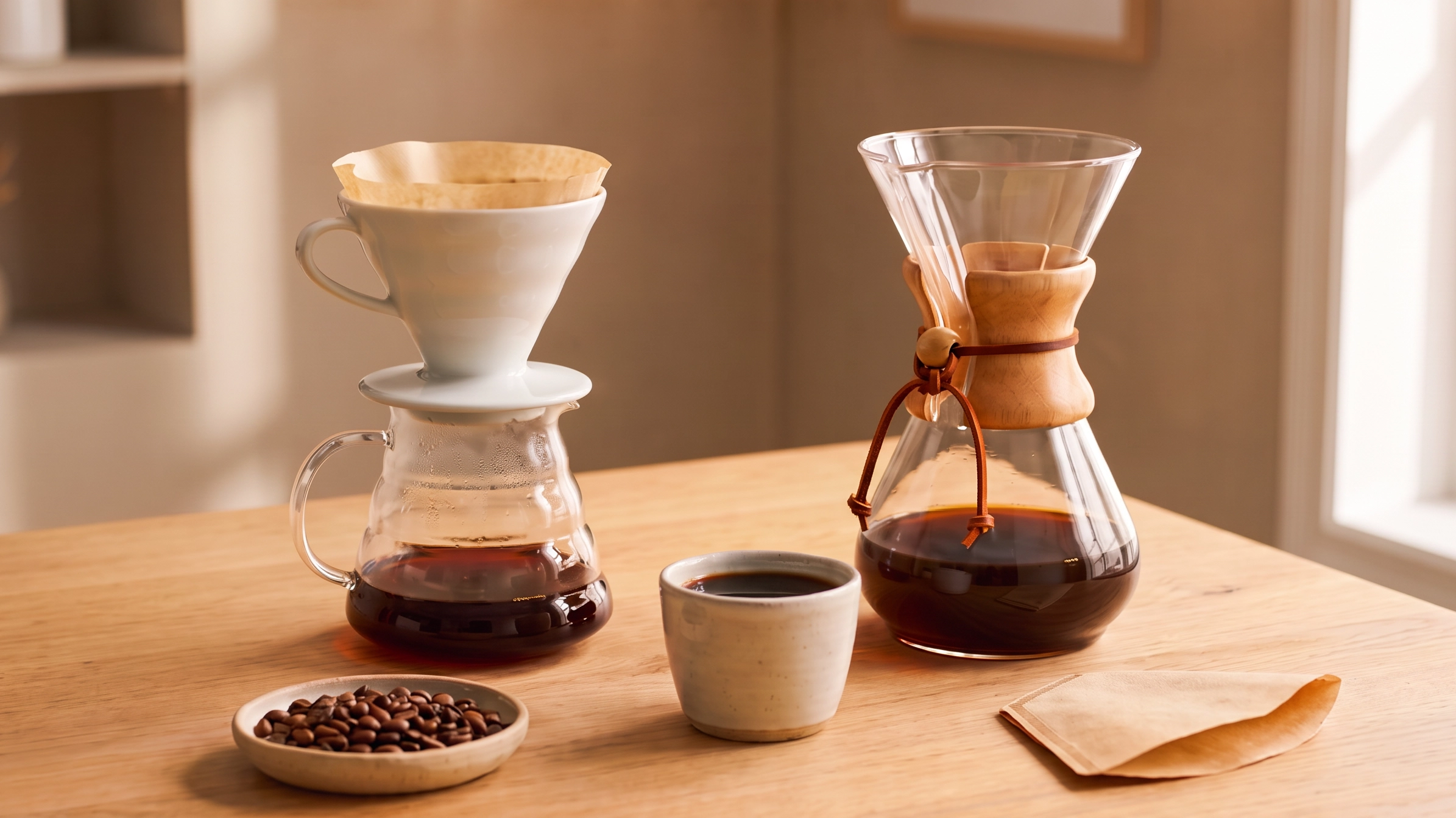قهوه مناسب V60 و کمکس؛ دو ابزار دم‌آوری کنار فنجان قهوه و دانه‌ها